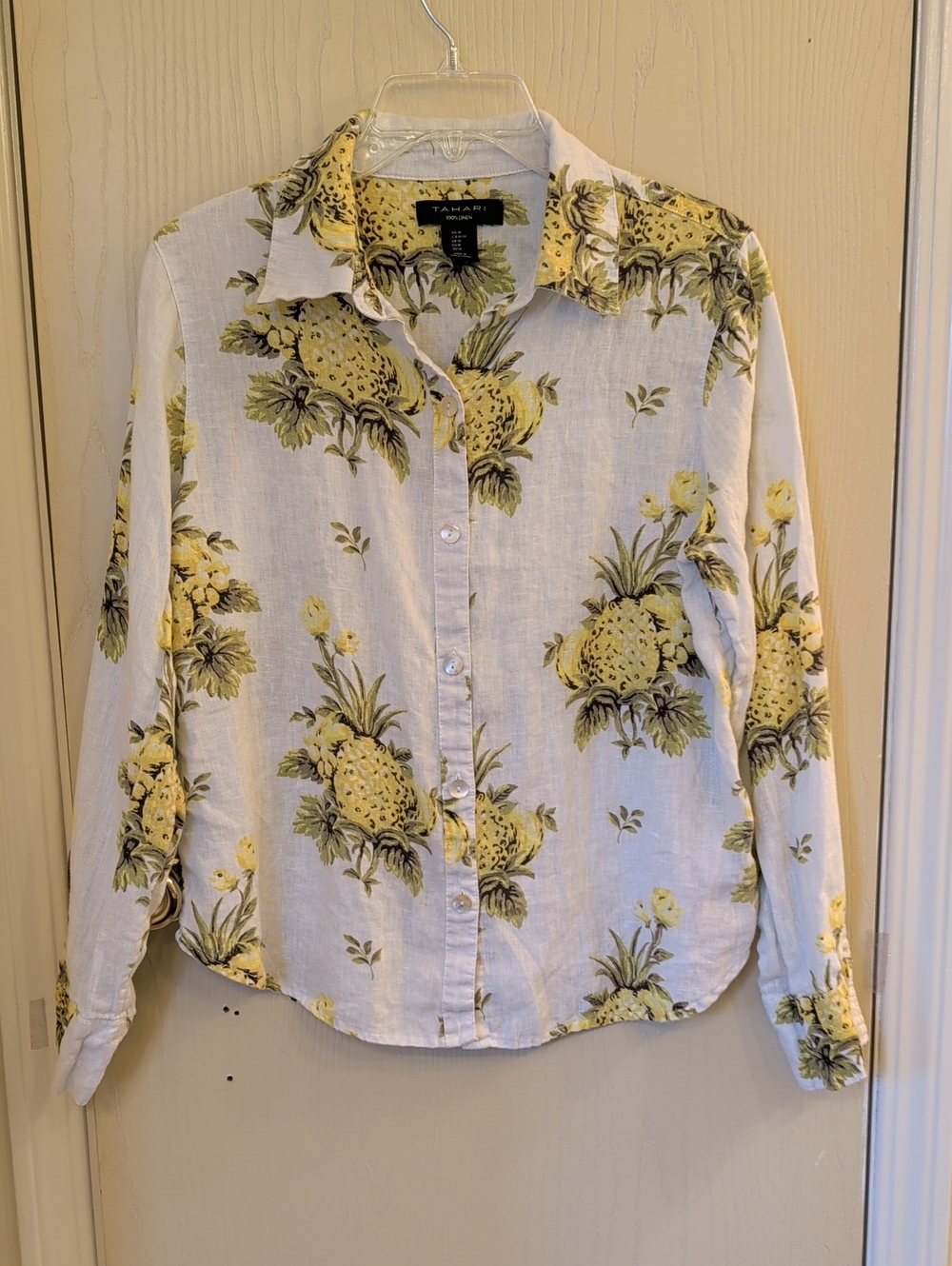Tahari White Linen Button-Up Shirt with Yellow Pineapple Print | Size M